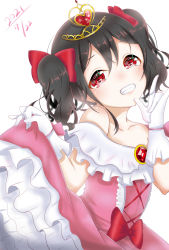 Rule 34 | 1girl, absurdres, artist name, artist request, black hair, blush, bow, breasts, cross-laced clothes, cross-laced dress, diamond (gemstone), dress, dress bow, female focus, frilled dress, frills, hair between eyes, hair bow, highres, holding, holding clothes, holding skirt, jewelry, long hair, looking at viewer, love live!, love live! school idol project, miniskirt, nico nico nii, parted lips, pink dress, pink skirt, plaid, plaid dress, plaid skirt, pleated, pleated dress, pleated skirt, red bow, red eyes, sharp teeth, short hair, short twintails, skirt, sleeveless, sleeveless dress, smile, solo, teeth, tiara, twintails, white background, yazawa nico