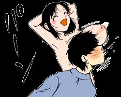 Rule 34 | 1boy, 1girl, animated, animated gif, arms behind head, black hair, blush, breast slap, breasts, closed eyes, humor, large breasts, lowres, may (tea-break), motion lines, nipples, open mouth, short hair, smile, what