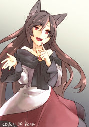 Rule 34 | 1girl, animal ears, artist name, bare shoulders, blush, brooch, brown hair, dated, dress, fang, fingernails, gradient background, highres, imaizumi kagerou, jewelry, kona (silent913), long hair, long sleeves, looking at viewer, nail polish, open mouth, red eyes, smile, solo, touhou, wide sleeves, wolf ears
