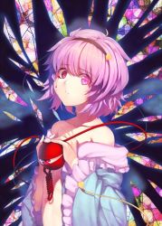 Rule 34 | 1girl, blood, bloody tears, collarbone, crying, hairband, heart, kaiza (rider000), komeiji satori, long sleeves, looking at viewer, off shoulder, open clothes, pink eyes, pink hair, short hair, solo, stained glass, third eye, touhou, upper body, wide sleeves