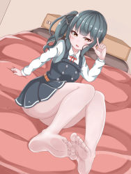 Rule 34 | 10s, 1girl, arm support, barefoot, bed, bed frame, bed sheet, blush, electrical outlet, feet, female focus, foot focus, green eyes, grey hair, hair ornament, hair ribbon, kantai collection, kasumi (kancolle), long sleeves, looking at viewer, new-yuikaori, open mouth, ribbon, shiny skin, side ponytail, sitting, skirt, soles, solo, toes