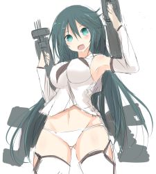 Rule 34 | 10s, 1girl, alternate hairstyle, armpits, blush, breasts, detached sleeves, gluteal fold, green eyes, green hair, gun, isuzu (kancolle), kantai collection, large breasts, long hair, looking at viewer, matching hair/eyes, md5 mismatch, nao (qqqbb), open mouth, panties, resized, resolution mismatch, school uniform, shirt, solo, source larger, underwear, weapon, white background, white legwear, white panties, white shirt