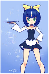 Rule 34 | 1girl, apron, black shirt, black skirt, blue background, blue hair, bow, choker, collarbone, drantyno, eiko carol, final fantasy, final fantasy ix, flat chest, green eyes, hair bow, hand on own hip, holding, horns, long sleeves, looking at viewer, maid, maid apron, shirt, short hair, single horn, skirt, smile, sparkle, square enix, standing, tray, waitress, white apron, yellow bow
