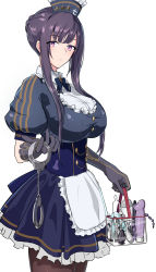Rule 34 | 1girl, apron, bag, black gloves, black hair, bow, bowtie, breasts, brown thighhighs, cobacomimiz33, cuffs, eyebrows hidden by hair, gloves, handcuffs, hat, highres, holding, holding bag, large breasts, long hair, looking at viewer, maid, maid apron, original, purple eyes, seito edaha, sex toy, simple background, solo, thighhighs, white background, wrist cuffs