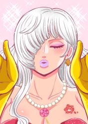 Rule 34 | 1girl, blush, breasts, candy, charlotte smoothie, cleavage, earrings, closed eyes, food, gloves, hair over one eye, jewelry, kiss, lipstick, long hair, makeup, necklace, one piece, open mouth, pink background, portrait, simple background, solo, sparkle, tattoo, white hair