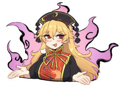 Rule 34 | 1girl, :d, blonde hair, energy, headdress, junko (touhou), long hair, nyong nyong, open mouth, red eyes, ringed eyes, shrugging, simple background, smile, solo, tabard, touhou, upper body, white background