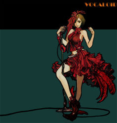 Rule 34 | 1girl, brown hair, dark, dress, feathers, meiko (vocaloid), microphone, red theme, shoes, short hair, solo, tomatika, vocaloid