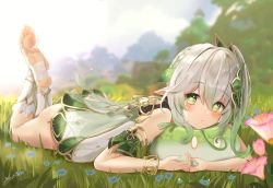 Rule 34 | aokabi (aokabic), ass, bare shoulders, blurry, blurry background, blush, bracelet, braid, cross-shaped pupils, day, depth of field, dress, expressionless, feet up, flower, genshin impact, gradient hair, grass, green eyes, green hair, hair ornament, highres, jewelry, leaf hair ornament, lying, multicolored hair, nahida (genshin impact), on stomach, outdoors, ponytail, side ponytail, signature, sleeveless, sleeveless dress, slime (genshin impact), socks, symbol-shaped pupils, the pose, toeless legwear, toes, white dress, white hair, white socks