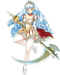 Rule 34 | 1girl, angeline, angeline (sennen sensou aigis), blue hair, breasts, bridal gauntlets, choker, cleavage, dress, drill hair, earrings, female focus, full body, garter straps, holding, holding weapon, impossible clothes, jewelry, large breasts, light blue hair, long hair, long sleeves, looking at viewer, official art, orange eyes, puffy sleeves, red eyes, sameda koban, scythe, sennen sensou aigis, simple background, skirt, smile, solo, standing, striped clothes, striped dress, thighhighs, weapon, white background, white thighhighs