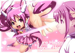 Rule 34 | 10s, 1girl, boots, bow, character name, cure happy, eyelashes, hair bow, head wings, hoshizora miyuki, long hair, magical girl, open mouth, outstretched arm, outstretched hand, pink background, pink bow, pink eyes, pink hair, pink skirt, pink theme, precure, skirt, smile, smile precure!, solo, tasaka shinnosuke, tiara, twintails, wings