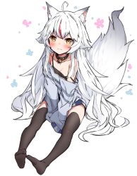 Rule 34 | 1girl, animal ear fluff, animal ears, bell, between legs, black camisole, black thighhighs, breasts, camisole, collar, commission, fang, fang out, fox ears, fox girl, fox tail, full body, hand between legs, highres, indie virtual youtuber, kamiko kana, long hair, long sleeves, multicolored hair, neck bell, off shoulder, oversized clothes, red hair, second-party source, sitting, skeb commission, sleeves past fingers, sleeves past wrists, small breasts, smile, strap slip, streaked hair, sweater, tail, takanashi kei (hitsujikan), thighhighs, two-tone hair, very long hair, virtual youtuber, white hair, yellow eyes