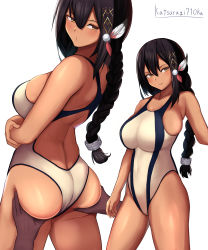 Rule 34 | 1girl, alternate costume, artist name, ass, ass grab, azur lane, backless swimsuit, bare shoulders, black hair, braid, breasts, competition swimsuit, covered navel, dark-skinned female, dark skin, hair between eyes, hair ornament, highres, impossible clothes, impossible swimsuit, katsuragi nantoka, large breasts, long hair, native american, one-piece swimsuit, simple background, solo, south dakota (azur lane), swimsuit, white background, white one-piece swimsuit, yellow eyes