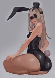 Rule 34 | 1girl, absurdres, animal ears, ass, bare shoulders, black blindfold, black neckwear, blindfold, brown hair, fake animal ears, grey background, hair between eyes, highres, leotard, long hair, neckwear request, original, pantyhose, parted lips, playboy bunny, rabbit ears, rabbit tail, see-through, simple background, sitting, smile, solo, tail, uedrk yamato
