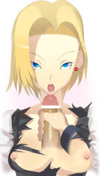Rule 34 | 1boy, 1girl, android 18, bitchen, blonde hair, breasts, censored, dragon ball, dragonball z, earrings, highres, jewelry, kuririn, looking at viewer, nipples, open mouth, penis, pov, torn clothes