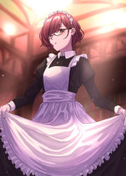 Rule 34 | 1girl, absurdres, alternate costume, apron, brown eyes, brown hair, clothes lift, dress, dress lift, enmaided, frills, glasses, hgre47, highres, higuchi madoka, idolmaster, idolmaster shiny colors, looking at viewer, maid, maid apron, maid headdress, mole, mole under eye, short hair, solo