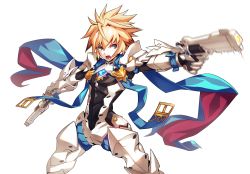 Rule 34 | 1boy, :o, armor, blonde hair, blue eyes, brown hair, chung seiker, cowboy shot, deadly chaser (elsword), dual wielding, elsword, full armor, gloves, gun, hair flaps, highres, holding, holding gun, holding weapon, looking at viewer, male focus, multicolored hair, official art, open mouth, ress, scarf, solo, spiked hair, streaked hair, transparent background, two-tone hair, weapon