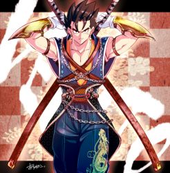 Rule 34 | 1boy, armband, arms behind head, black hair, chain, checkered background, dragon ball, dragon print, dragonball z, earrings, gloves, jewelry, katana, male focus, manly, ochanoko (get9-sac), potara earrings, smile, solo, sword, translation request, vambraces, vegetto, weapon, white gloves
