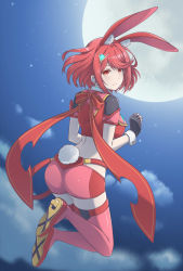 Rule 34 | 1girl, ahoge, animal ears, artist request, ass, blush, breasts, circlet, easter, fingerless gloves, from behind, full moon, gloves, highres, large breasts, looking at viewer, looking back, moon, pyra (xenoblade), rabbit ears, rabbit tail, red eyes, red hair, red scarf, red shorts, scarf, shiny clothes, short hair, short shorts, shorts, sideboob, smile, solo, tail, thighhighs, xenoblade chronicles (series), xenoblade chronicles 2