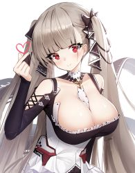 Rule 34 | 1girl, ankkoyom, artist name, azur lane, bad id, bad pixiv id, bare shoulders, between breasts, black dress, blush, breasts, cleavage, dress, earrings, formidable (azur lane), frilled dress, frills, grey hair, hair ornament, hair ribbon, hand up, head tilt, heart, highres, jewelry, large breasts, long hair, long sleeves, looking at viewer, red eyes, ribbon, rigging, shiny skin, simple background, solo, twintails