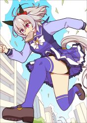 Rule 34 | 1girl, black panties, blue sky, bow, brown footwear, city, clenched hands, cloud, cloudy sky, commentary request, curren chan (umamusume), ear bow, ear covers, food, food in mouth, highres, long sleeves, mouth hold, panties, pink eyes, pleated skirt, purple serafuku, purple shirt, purple skirt, red bow, running, sailor collar, school uniform, serafuku, shirt, skirt, sky, solo, toast, toast in mouth, tracen school uniform, umamusume, underwear, wahiko (black bastard), white bow, winter uniform