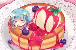 Rule 34 | 1girl, :&lt;, :t, = =, blue hair, blueberry, blush, chibi, closed eyes, eating, food, food focus, fruit, hair ornament, ice cream, in food, low twintails, lying, mini person, minigirl, on stomach, original, pancake, raspberry, solo, sparkle, star (symbol), star hair ornament, suzunone rena, syrup, twintails