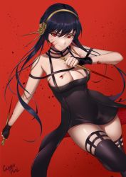 Rule 34 | 1girl, absurdres, black dress, black gloves, black hair, black thighhighs, blood, blood on face, caiman pool, dagger, dress, dual wielding, fingerless gloves, gloves, gold hairband, hairband, highres, holding, holding dagger, holding knife, holding weapon, knife, long hair, red background, red eyes, solo, spy x family, thighhighs, two-sided dress, two-sided fabric, weapon, yellow hairband, yor briar