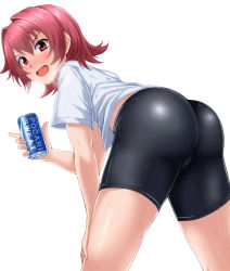 Rule 34 | 1girl, ass, bike shorts, blush, commentary request, drink, hair between eyes, hand on own knee, highres, hip focus, holding, huge ass, kantai collection, kinu (kancolle), legs, looking at viewer, no pants, open mouth, pocari sweat, red eyes, red hair, shirt, short hair, simple background, smile, solo, standing, steam, sweat, thick thighs, thighs, white background, wide hips, zanntetu