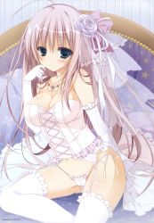 Rule 34 | 1girl, :d, absurdres, babydoll, bed, bed sheet, blue eyes, blush, breasts, bridal veil, bride, cameltoe, cleavage, dress, elbow gloves, flower, frilled thighhighs, frills, garter belt, gloves, hair flower, hair ornament, highres, inugami kira, light purple hair, long hair, looking at viewer, melonbooks, on bed, open mouth, panties, pillow, scan, sitting, smile, solo, star (symbol), string panties, thighhighs, underwear, veil, wedding dress, white gloves, white panties, white thighhighs, yokozuwari