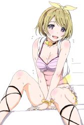 Rule 34 | 10s, 1girl, blonde hair, breasts, clearite, cleavage, koizumi hanayo, looking at viewer, love live!, love live! school idol project, open mouth, purple eyes, short hair, simple background, sitting, smile