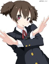 Rule 34 | 1girl, :p, absurdres, black jacket, brown hair, collared shirt, commentary, hair between eyes, hands up, highres, jacket, k-on!, light blush, long sleeves, looking at viewer, medium hair, neck ribbon, red eyes, red ribbon, ribbon, school uniform, shirt, short twintails, simple background, solo, suzuki jun, tongue, tongue out, twintails, twitter username, upper body, white background, white gorilla (okamoto), white shirt