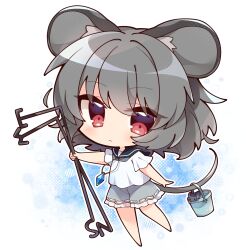 Rule 34 | 1girl, :&lt;, absurdres, adapted costume, animal ear fluff, animal ears, blue background, bucket, chibi, dowsing rod, full body, grey hair, grey shorts, highres, holding, holding with tail, jewelry, medium hair, misosiru 0224, mouse (animal), mouse ears, mouse tail, nazrin, pendant, prehensile tail, red eyes, sailor collar, shirt, short sleeves, shorts, solo, tail, touhou, white background, white shirt