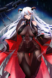 Rule 34 | 1girl, aegir (azur lane), azur lane, bare shoulders, bodystocking, breast curtains, breasts, cape, chain, clothing cutout, demon horns, earrings, finger to own chin, hachimitsu hinako, hair between eyes, horns, huge breasts, jewelry, long hair, looking at viewer, multicolored hair, shoulder cutout, silver hair, smile, streaked hair, thigh gap, thighhighs, thighs, yellow eyes