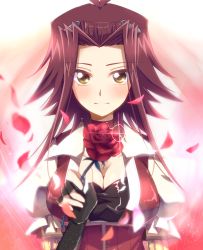 Rule 34 | 1girl, black gloves, blush, breasts, cleavage, closed mouth, elbow gloves, fingerless gloves, flower, gloves, hair intakes, highres, holding, holding flower, izayoi aki, long hair, looking at viewer, medium breasts, petals, red flower, red hair, red rose, rose, short sleeves, smile, solo, spiked hair, upper body, yaharinaneanisu, yellow eyes, yu-gi-oh!, yu-gi-oh! 5d&#039;s