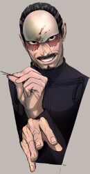 Rule 34 | 1boy, black hair, collared jacket, cropped torso, facial hair, forehead protector, gimgyeon (dog 0987), goatee, golden kamuy, grin, hair slicked back, hands up, highres, holding, imperial japanese army, jacket, looking at viewer, male focus, mustache, scar, scar on face, short hair, simple background, smile, solo, tsurumi tokushirou