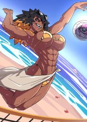 Rule 34 | 1girl, abs, aniwars, armpits, arms up, ball, beach, beach volleyball, bikini, black hair, black nails, blue sky, breasts, commentary, crab, dark-skinned female, dark skin, day, dutch angle, english commentary, eyewear on head, gold bikini, grin, hellhound (aniwars), highres, horizon, jumping, large breasts, midair, multicolored hair, muscular, muscular female, ocean, orange hair, outdoors, outstretched arm, ponaners, sarong, scar, scar on face, sharp teeth, short hair, sky, smile, spiked hair, sun, sunglasses, sunlight, sweat, swimsuit, teeth, two-tone hair, very sweaty, volleyball, volleyball (object), volleyball net, water, yellow eyes
