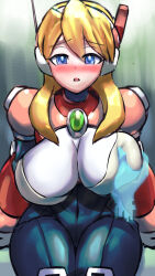 Rule 34 | 1girl, alia (mega man), android, blonde hair, bodysuit, breasts, cleavage, grabbing, grabbing another&#039;s breast, highres, large breasts, mega man (series), mega man x (series), minster (dooke), robot, thick thighs, thighs, wide hips