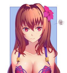 Rule 34 | 1girl, :t, absurdres, aira5, bare shoulders, bikini, blue background, blush, breasts, cleavage, closed mouth, collarbone, fate/grand order, fate (series), flower, hair between eyes, hair flower, hair intakes, hair ornament, highres, long hair, medium breasts, pink bikini, pink eyes, pout, red hair, scathach (fate), scathach (fate/grand order), scathach (swimsuit assassin) (fate), shiny skin, solo, squiggle, swimsuit, tareme, two-tone background, upper body