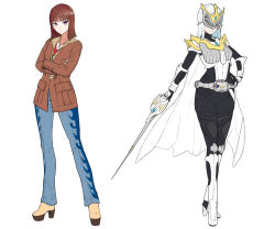 2girls armor belt black_bodysuit blue_pants bodysuit boots brown_boots brown_coat brown_eyes brown_hair cape coat commentary cross cross_necklace crossed_arms denim dual_persona eidenjyou1997 eye_mask full_body hand_on_own_hip high_heel_boots high_heels holding holding_sword holding_weapon jeans jewelry kamen_rider kamen_rider_femme kamen_rider_ryuki:_episode_final kamen_rider_ryuki_(series) kirishima_miho knee_boots light_frown looking_at_viewer medium_hair multiple_girls necklace pants platform_boots rapier red_shirt rider-tan rider_belt shirt simple_background standing sword v_buckle weapon white_armor white_background white_boots white_cape white_hair