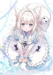 Rule 34 | 1girl, animal ears, artist request, black bow, blue bow, blue eyes, blush, bow, braid, dress, eyebrows hidden by hair, highres, long hair, looking at viewer, looking up, mashiro ruru, open mouth, pantyhose, short sleeves, sitting, solo, virtual youtuber, wariza, white hair, white pantyhose