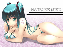 Rule 34 | 1girl, aoinagi, bikini, blush, breast hold, breasts, character name, green eyes, green hair, hatsune miku, large breasts, long hair, matching hair/eyes, panties, solo, striped bikini, striped clothes, swimsuit, tattoo, twintails, underwear, vocaloid