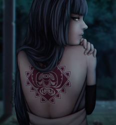 Rule 34 | 10s, 1girl, artist name, back, back tattoo, bare back, boruto: naruto next generations, canoutsu, commentary, detached sleeves, english commentary, kakei sumire, long hair, looking at viewer, looking back, naruto, naruto (series), night, purple eyes, purple hair, solo, tattoo