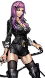 Rule 34 | 1girl, belt, boots, breasts, cleavage, fingernails, formal, hair ornament, hairclip, highres, jewelry, large breasts, lips, long fingernails, long hair, miniskirt, nail art, nail polish, necklace, original, pencil skirt, pink nails, pinstripe pattern, pinstripe suit, purple hair, sadakage, simple background, skindentation, skirt, skirt suit, solo, striped, suit, thigh boots, thighhighs, thighs, whip, yellow eyes