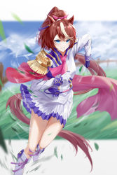 Rule 34 | 1girl, absurdres, alin leng bu sheng, animal ears, asymmetrical gloves, blue eyes, blue sky, boots, brown hair, cloud, cloudy sky, gloves, grass, highres, horse ears, horse girl, horse tail, jacket, long hair, long sleeves, looking at viewer, mismatched gloves, motion lines, outdoors, parted lips, ponytail, purple eyes, skirt, sky, solo, tail, teeth, tokai teio (umamusume), umamusume, white footwear, white gloves, white jacket, white skirt