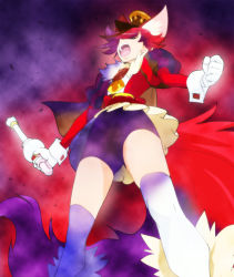Rule 34 | 10s, 1girl, animal ears, bike shorts, clenched hand, cure chocolat, dog ears, dog tail, closed eyes, from below, gloves, haruyama kazunori, hat, kenjou akira, kirakira precure a la mode, magical girl, open mouth, precure, red hair, short hair, solo, standing on object, tail, thighhighs, white gloves, white thighhighs