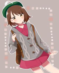Rule 34 | 1girl, backpack, bag, blush, bob cut, brown bag, brown eyes, brown hair, buttons, cable knit, cardigan, closed mouth, collared dress, commentary request, creatures (company), dress, game freak, gloria (pokemon), green hat, grey background, grey cardigan, hand up, hat, highres, holding strap, hooded cardigan, nintendo, ohn pkmn, outline, pink dress, pokemon, pokemon swsh, short hair, smile, solo, tam o&#039; shanter
