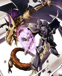 Rule 34 | 152 in can, absurdres, alphamon, armor, creature, digimon, digimon (creature), dragon, fangs, flying, green eyes, highres, holding, holding sword, holding weapon, ouryumon, purple hair, shoulder armor, simple background, sword, weapon