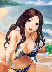 Rule 34 | 1girl, :d, beach, bikini, blue eyes, blue nails, blue sky, breasts, brown hair, cleavage, collarbone, commentary request, cup, day, drinking glass, fate/grand order, fate (series), food, halterneck, highres, holding, holding cup, holding spoon, ice cream, large breasts, leonardo da vinci (fate), long hair, looking at viewer, low twintails, mori yashiro (konkon oyashiro), nail polish, ocean, open mouth, parted bangs, side-tie bikini bottom, sky, smile, solo, spoon, string bikini, swimsuit, twintails