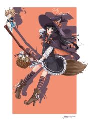 Rule 34 | 2girls, absurdres, animal ears, asashio (kancolle), asashio kai ni (kancolle), basket, black cape, black hair, blue eyes, boots, border, broom, broom riding, brown footwear, cape, cat ears, cat tail, commentary request, double bun, dress, frilled dress, frills, full body, hair bun, hat, highres, kantai collection, light brown hair, long hair, long sleeves, michishio (kancolle), mini person, minigirl, multiple girls, official alternate costume, orange background, pinafore dress, sagoromo 04, shirt, short twintails, sleeveless, sleeveless dress, striped clothes, striped legwear, striped thighhighs, tail, thighhighs, twintails, two-tone background, white border, white dress, white shirt, witch hat, | |