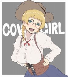 Rule 34 | 1girl, black-framed eyewear, blonde hair, blue skirt, blunt bangs, bra visible through clothes, braid, breasts, brown hat, collared shirt, commentary, corset, cowboy hat, english text, freckles, glasses, green eyes, grey background, hair tie, hands on own hips, hat, head tilt, ina (gokihoihoi), large breasts, leaning forward, long hair, looking at viewer, neck ribbon, open mouth, original, outside border, over-rim eyewear, red ribbon, ribbon, semi-rimless eyewear, shirt, skirt, smile, solo, standing, suspenders, text background, twin braids, twintails, upper body, white shirt