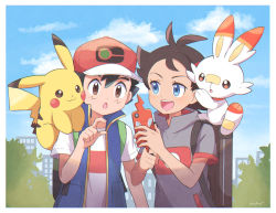 Rule 34 | 2boys, :3, ash ketchum, bad id, bad pixiv id, baseball cap, black bag, black hair, black shirt, blouse, blue eyes, blue vest, brown eyes, cityscape, cloud, creatures (company), dark-skinned male, dark skin, day, game freak, gen 1 pokemon, gen 4 pokemon, gen 8 pokemon, goh (pokemon), green bag, hat, high collar, looking at another, looking at phone, male focus, mei (maysroom), multiple boys, nintendo, on shoulder, open mouth, outdoors, phone, pikachu, pokemon, pokemon (anime), pokemon (creature), pokemon journeys, pokemon on shoulder, rabbit, rotom, rotom phone, scorbunny, shirt, sky, spiked hair, striped clothes, striped shirt, tagme, teeth, upper teeth only, vest, white shirt